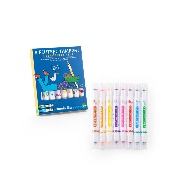 8 feutres tampons 2 en 1 Les Loufoques – Moulin Roty