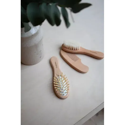 Set brosses et peigne bébé en bois avec pochette coton – Image 3